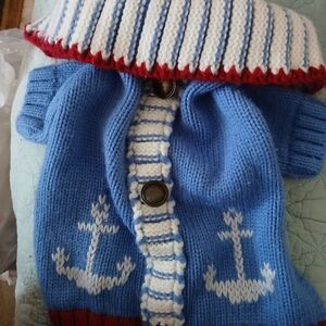 Striped Blue Dog Sweater with Nautical Anchors